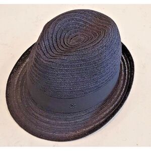 CHANEL BLACK GROSGRAIN TRIM ABACA RAFFIA STRAW FEDORA HAT CAP L NEW 21C